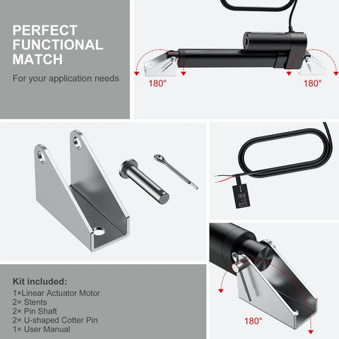 Collage image showing Heavy Duty 12V Linear Actuator 660 LBS 3000 N With 6 Inch Stroke 150mm Silent Operation IP65 Rated and its components.