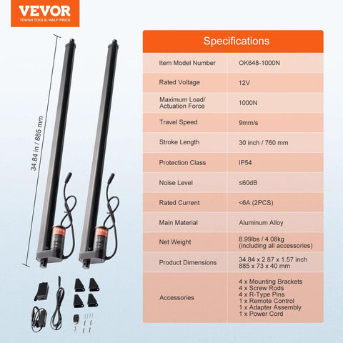Two Pack 30 Inch Linear Actuator Kit With Wireless Remote For TV Tables And Sofas Lifts High Speed 0.35 Inches Per Second 110 Volt 220 Lbs 1000 Newtons IP54 Protection All In One System For Home And Industrial Use with aluminum alloy material and accessories.