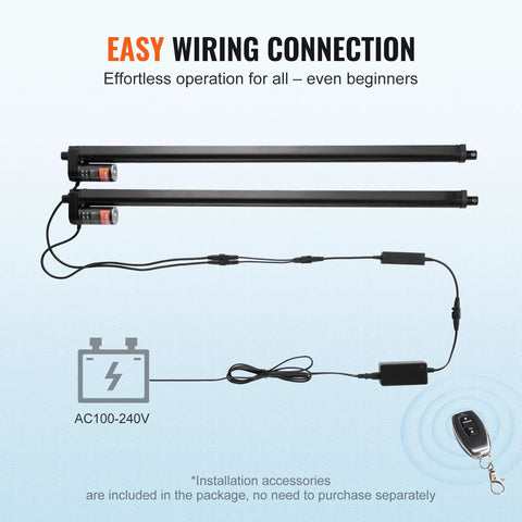 Two Pack 30 Inch Linear Actuator Kit With Wireless Remote showing wiring and AC100-240V power connection, remote control visible.