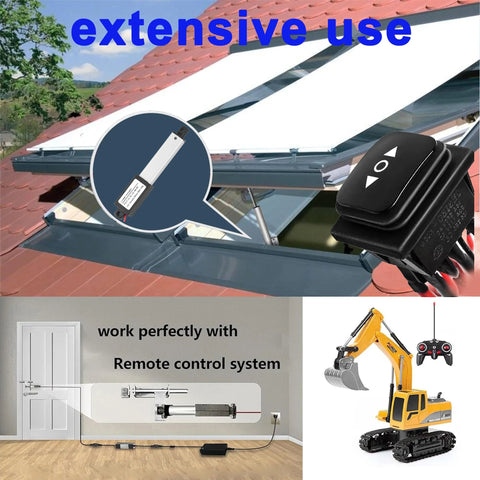 Mini Electric Linear Actuator AWINLI 12V 2 Inch Stroke shown with control switch in various uses.