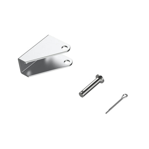 Angled front view of silver metal mounting bracket with two holes, plus cylindrical pin and hairpin clip.