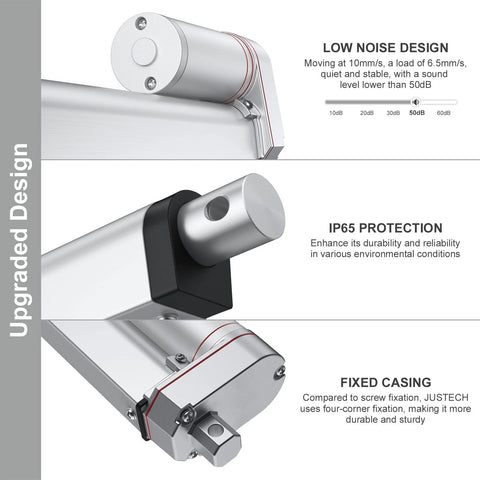 Beefy 12V Heavy Duty Linear Actuator 330LBS 1500N 10 Inch 250mm Silent IP65 Electric Actuator showing low noise, IP65 protection, fixed casing