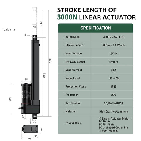 Diagram showing Beefy 12V Heavy Duty Linear Actuator with 8 inch stroke, 660 lbs capacity, IP65 waterproof, specifications