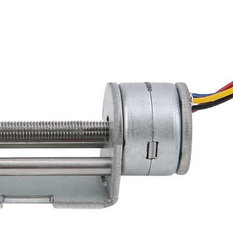 Close-up of Linear Actuator 2‑Phase 4‑Wire Linear Stepper Motor Screw Slide Table in metallic finish with visible wires and motor casing