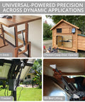 Heavy Duty 12V Linear Actuator With 225lbs Load, shown in desk, coop door, solar tracker, and RV bed applications, Justech Black
