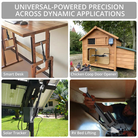Heavy Duty 12V Linear Actuator With 225lbs Load, shown in desk, coop door, solar tracker, and RV bed applications, Justech Black