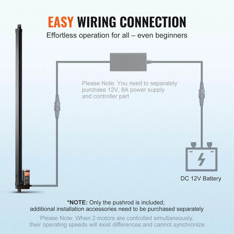 Diagram of Linear Actuator 12V wiring connection with DC 12V battery and installation notes; showing easy setup instructions.