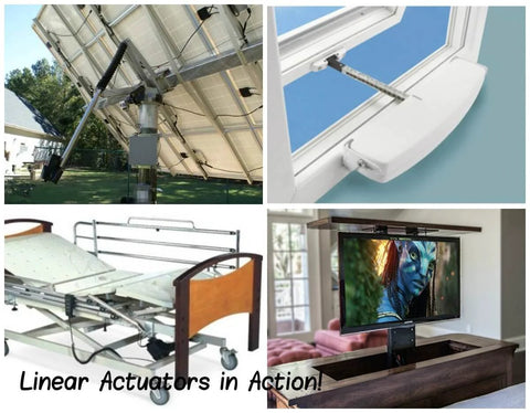 Collage of linear actuators in various applications including solar panel, window, hospital bed, and hidden TV lift.