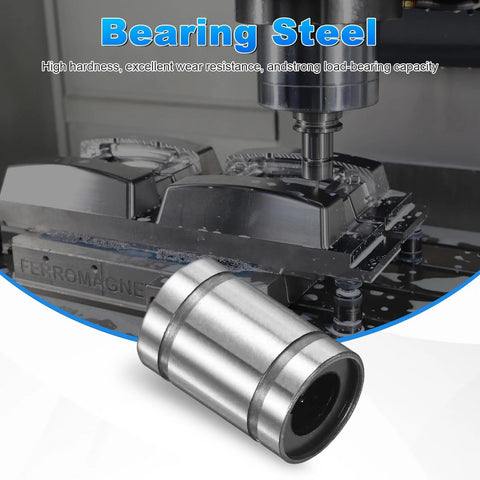 Compact sealed linear ball bearings with 5mm bore, 10mm OD, and 15mm length in a 2 pack showing steel compatibility with machinery