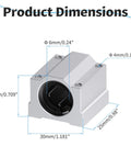Diagram showing dimensions of 4 pcs scs6uu linear ball bearings, 6mm id×25mm length linear ball bearing aluminum slide block