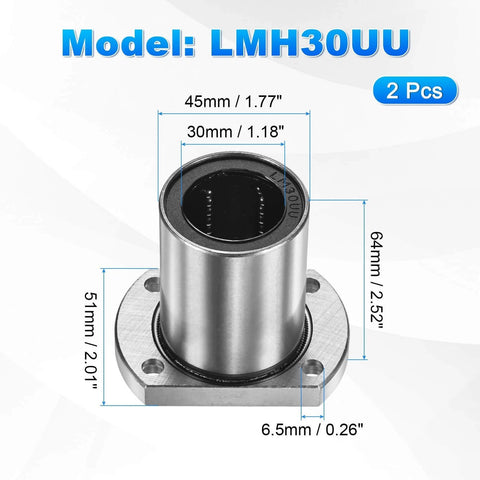✝️ Lmh30uu linear ball bearings 30mm bore dia 45mm OD 51mm long 6.5mm hole, 2pcs round flange linear motion bushing diagram