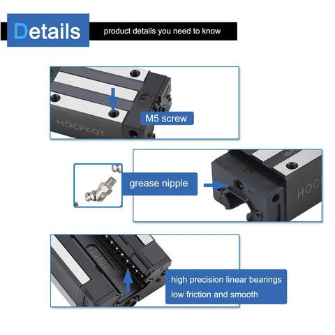 Close-up of 1000mm HGR20 Linear Guide Kit details including M5 screw, grease nipple, and linear bearings