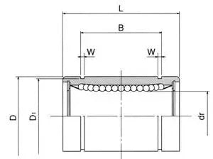 Technical diagram of ✝️ NB SM16-OP 16mm Ball Bushings Linear Motion showing dimensions and ball alignment for smooth motion, 1-pack.