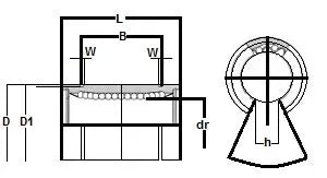 Technical diagram of KB50G-OP NB Open Bearing 50mm Ball Bushings Linear Motion Bearing, showing measurements and cross-sectional view.