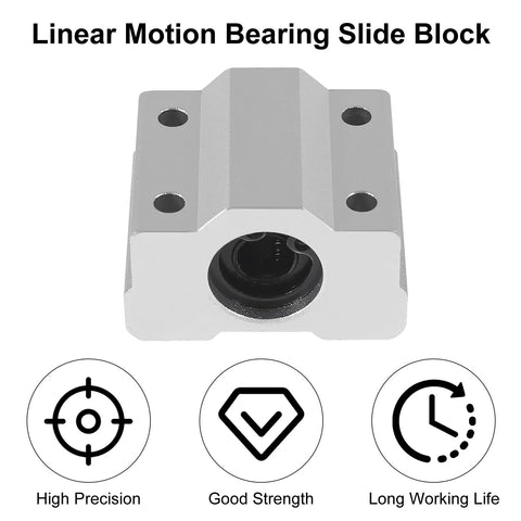 Front view of SCS6UU linear ball bearing slide block for CNC and 3D printers, showcasing 6mm bore and aluminum construction.