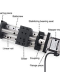Diagram of Hbx1605 200mm linear motion guide actuator with ballscrew, linear rail, slider, coupling, and stepper motor for CNC machine