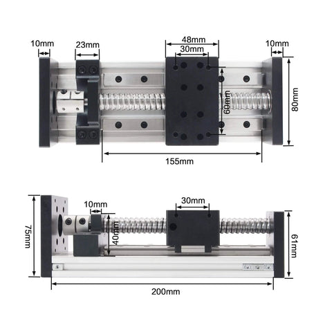 Top and side view of 100mm / 3.94" Linear Motion Guide Actuator Double Linear Rail Slide 1605 Ballscrew Motorized XY XYZ Stage