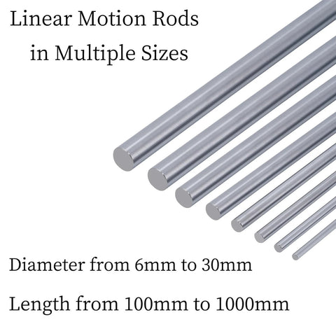 Assorted linear motion rods in various sizes displayed, showcasing difference in diameter and length, used for 3D printer and CNC DIY projects.