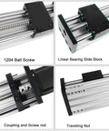 Close-up views of Linear Motion Stage Actuator, CNC Linear Motion Rail Guide with Nema23 Stepper Motor, Slide Rail 1204 Ball Screw Double Optical Axis Linear, including ball screw, slide block, coupling, and traveling nut.