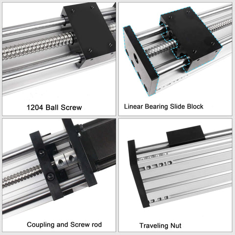 Close-up views of Linear Motion Stage Actuator, CNC Linear Motion Rail Guide with Nema23 Stepper Motor, Slide Rail 1204 Ball Screw Double Optical Axis Linear, including ball screw, slide block, coupling, and traveling nut.