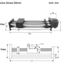 Side view of Linear Motion Stage Actuator, CNC Linear Motion Rail Guide with Nema23 Stepper Motor, 200mm stroke, technical drawing.