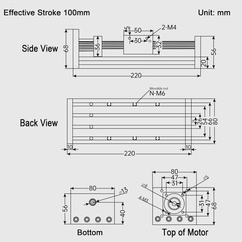 Technical drawing of Linear Motion Stage Actuator, CNC Linear Motion Rail Guide with Nema23 Stepper Motor, Slide Rail 1605 Ball Screw