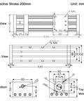 Technical diagram showing Linear Motion Stage Actuator, CNC Linear Motion Rail Guide with Nema23 Stepper Motor, 200mm stroke.