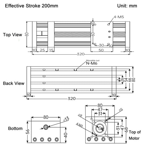 Technical diagram showing Linear Motion Stage Actuator, CNC Linear Motion Rail Guide with Nema23 Stepper Motor, 200mm stroke.