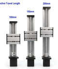 Front view of 200mm Effective Stroke Length Linear Rail Guide Ballscrew SFU1605 with Nema 17 Stepper Motor, 150mm and 100mm versions