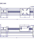 Technical drawing of ✝️ 100mm effective stroke length linear rail guide with square linear rails ballscrew sfu1605 configuration.