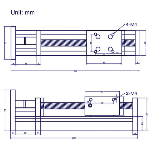 Technical drawing of ✝️ 100mm effective stroke length linear rail guide with square linear rails ballscrew sfu1605 configuration.