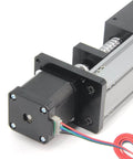 Close-up of a 100mm effective stroke length linear rail guide with square linear rails ballscrew sfu1605 and nema 17 stepper motor for DIY CNC.