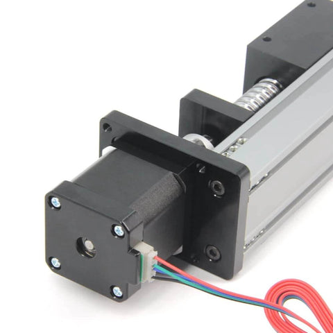 Close-up of a 100mm effective stroke length linear rail guide with square linear rails ballscrew sfu1605 and nema 17 stepper motor for DIY CNC.