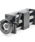 Front view of a ✝️ 100mm effective stroke length linear rail guide double optical axis linear slide rail ballscrew sfu1605 with manual sliding table.