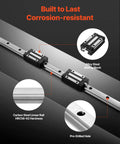 Close-up of HGR20 Linear Rail Kit with two 600mm rails, showing alloy steel sliding blocks and pre-drilled hole for CNC machines.
