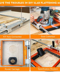 Workhorse Linear Rail Router Sled Connector with dust collection in use, highlighting acrylic plate and dust port for 20mm rails.