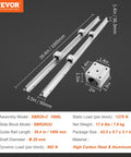 Image of two Linear Rail, 2 Set SBR20-1000mm, Linear Slide Rail with four SBR20UU Bearing Blocks, featuring key measurements and materials.