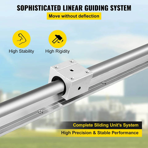 Close-up of SBR20UU square type carriage bearing block on 86.6 in linear guideway rail showing high stability for CNC routers.