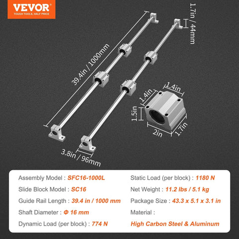 Linear Rail Slide SFC16-1000mm with SC16 slide blocks and supports, showing dimensions and materials for CNC DIY project.