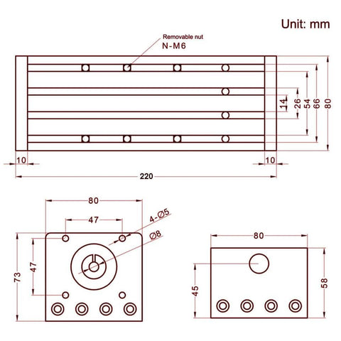 Technical drawing of Dual Linear Rail Guide Ballscrew SFU1605 with Square Linear Rails with NEMA23 Stepper Motor, 100mm Effective Stroke Length.