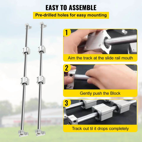 Instructional guide for Linear Rail Slide 2PCs 20mm x 1200mm Linear Bearing Slide Set assembly steps with shaft support and block bearings.