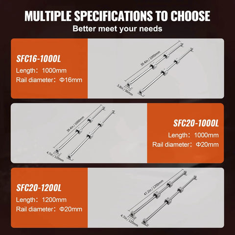 Multiple linear rail specifications featuring SFC16-1000mm, SFC20-1000L, and SFC20-1200L, showing lengths and rail diameters.