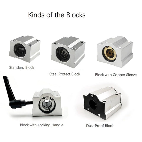Different types of block bearings for 16mm Chrome Linear Rod Kit Pro Grade 500mm Long with SCS16UU Block Bearings and SK16 Aluminum Rail Clamps