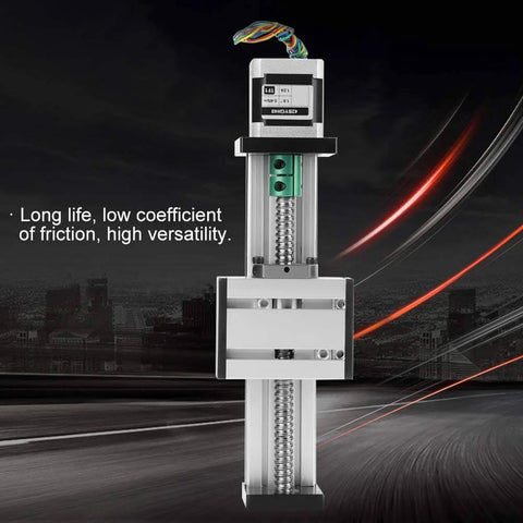 Front view of a Linear Slide Ball Screw With Stepper Motor For Metal Construction 12mm Shaft Diameter And 100mm Stroke High Precision Linear Actuator For CNC And Robotics Rock Solid Durable Metal Build For Smooth Reliable Motion in a metal frame.
