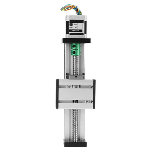 High Precision Ball Screw Linear Slide 1204 with 100mm stroke, 12mm diameter shaft, front view, stepper motor, and CNC assembly