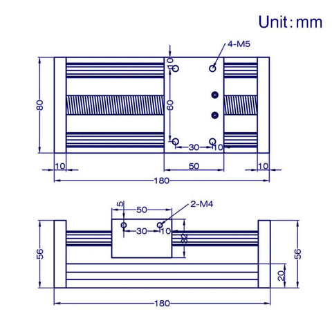 Technical drawing of 100mm effective stroke length linear rail guide double optical axis linear slide rail ballscrew sfu1605 with manual sliding table for diy cnc router machine (size:100mm)