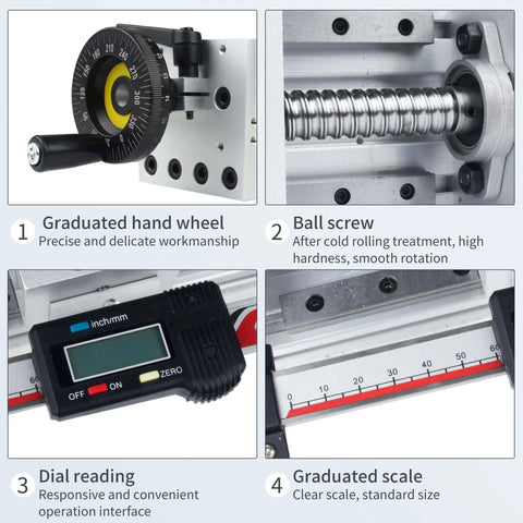 Close-up of Linear Stage Actuator MBX80 Type Manual Linear Slide Table features, including digital scale and 1605 ballscrew.
