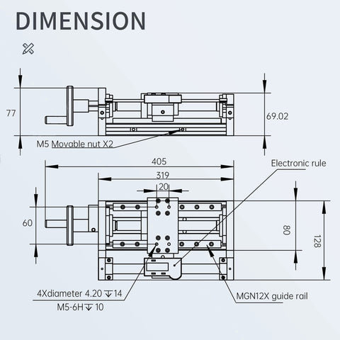 Technical drawing of Linear Stage Actuator MBX80 Type Munual Linear Slide Table with dimensions and guide rail details