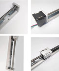 Four images showing a Linear Stage Actuator Linear Stage Small Slide Guide CNC Screw Lead Motion Table Motorized Nema 14 Stepper Motor (50MM).