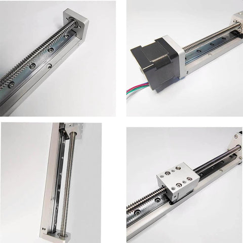 Four images showing a Linear Stage Actuator Linear Stage Small Slide Guide CNC Screw Lead Motion Table Motorized Nema 14 Stepper Motor (50MM).